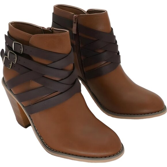 Journee Collection Tan Brown Strap Stacked Heel Booties Size 8.5W - Picture 4 of 6
